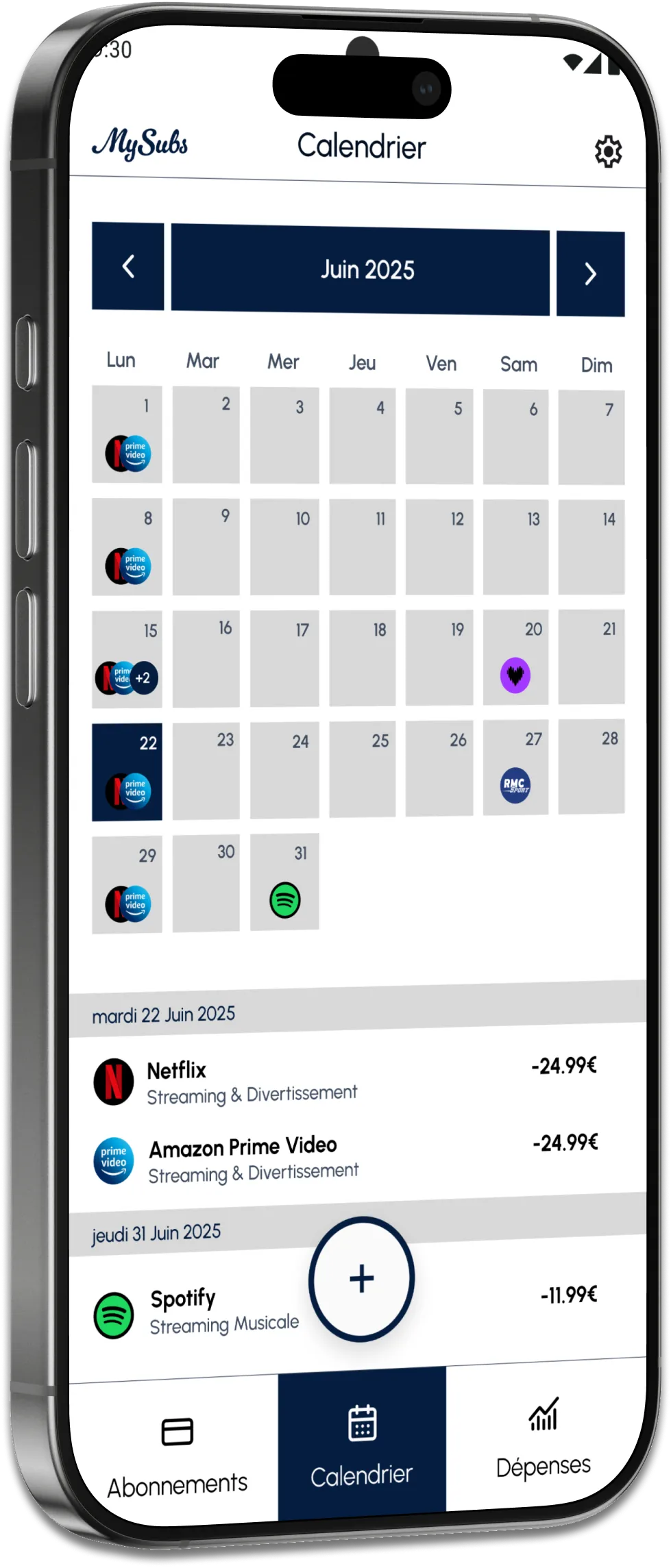 Calendrier mensuel MySubs montrant les prélèvements à venir